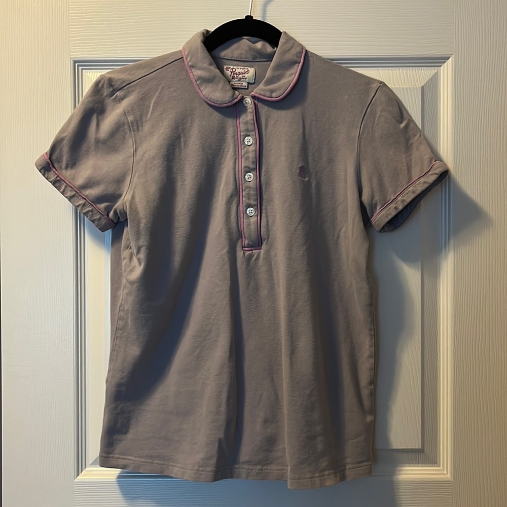 Women’s Penguin Polo-Style Shirt Grey Pink Buttons Collar Medium Office Wear